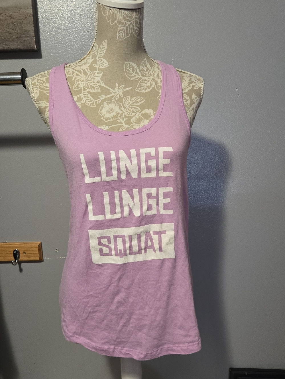 Lavender Graphic Racerback Tank Top - 'LUNGE LUNGE SQUAT'
